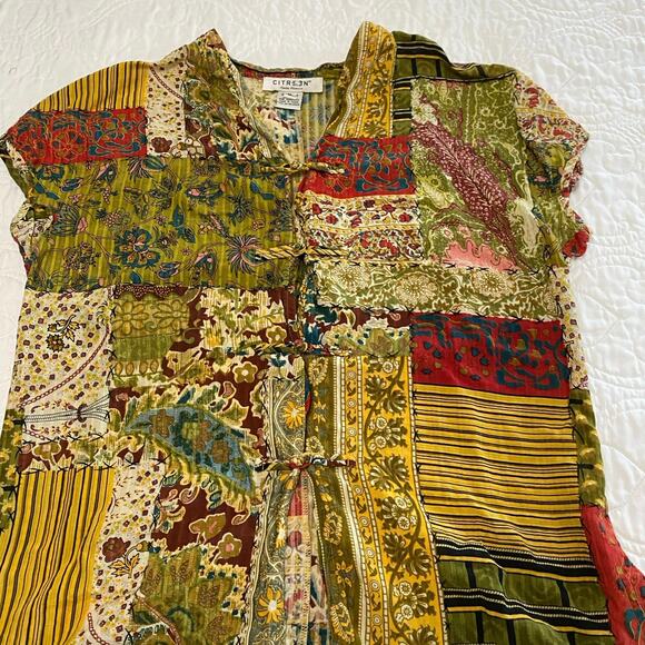 Citron Patchwork Silk Blend Blouse Women’s Size Medium Asian Inspired Boho - Picture 6 of 9